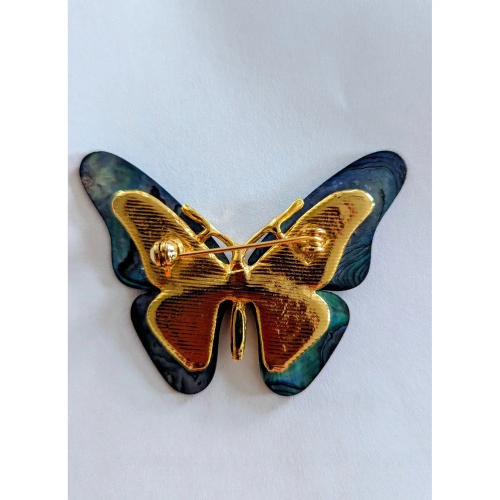 Vintage Abalone Shell Butterfly Brooch Gold Tone Iridescent Blue Green Pin